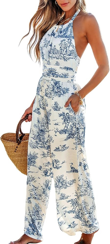 CUPSHE Womens Summer Jumpsuit Halter Casual Dressy Sleeveless One Piece Outfit Pockets Wide leg P... | Amazon (US)