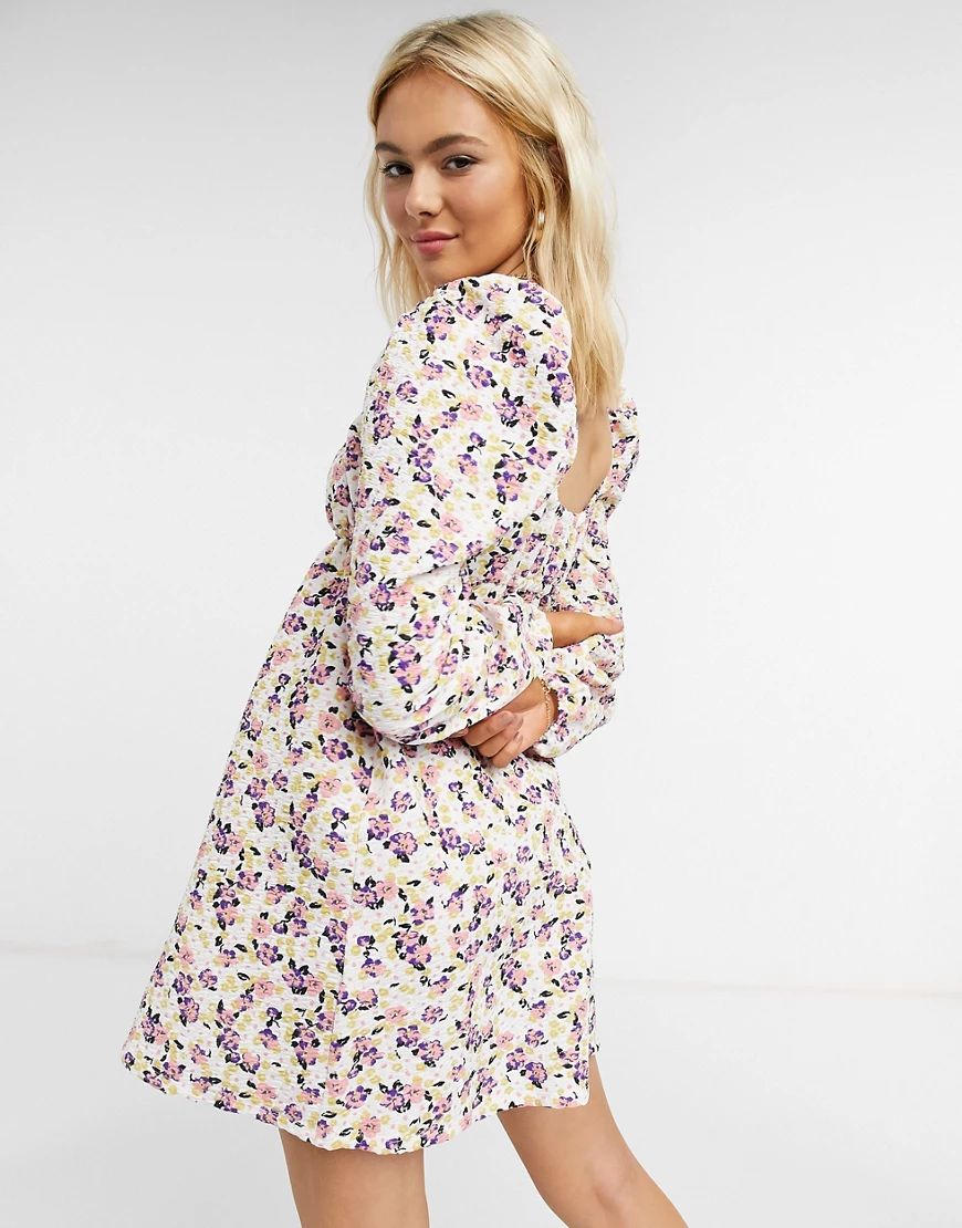 ASOS DESIGN textured smock mini dress with puff sleeve in pink and purple floral | ASOS (Global)