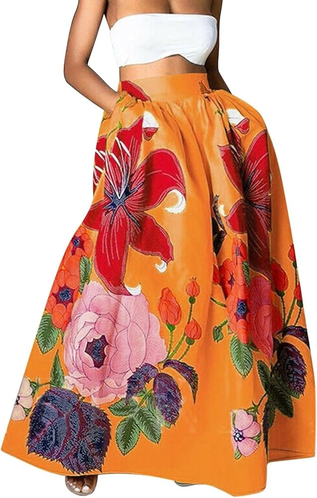 Miyaomn Women's Boho Floral Printed Maxi Skirt Summer Beach High Waisted Mopping Floor Length A L... | Amazon (US)