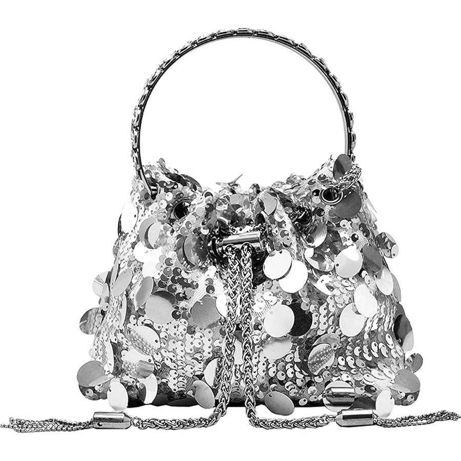 QZUnique Rhinestone/Sequin Bucket Bag with Jewelry Set Women Silver Bling Evening Handbag Glitter... | Amazon (US)