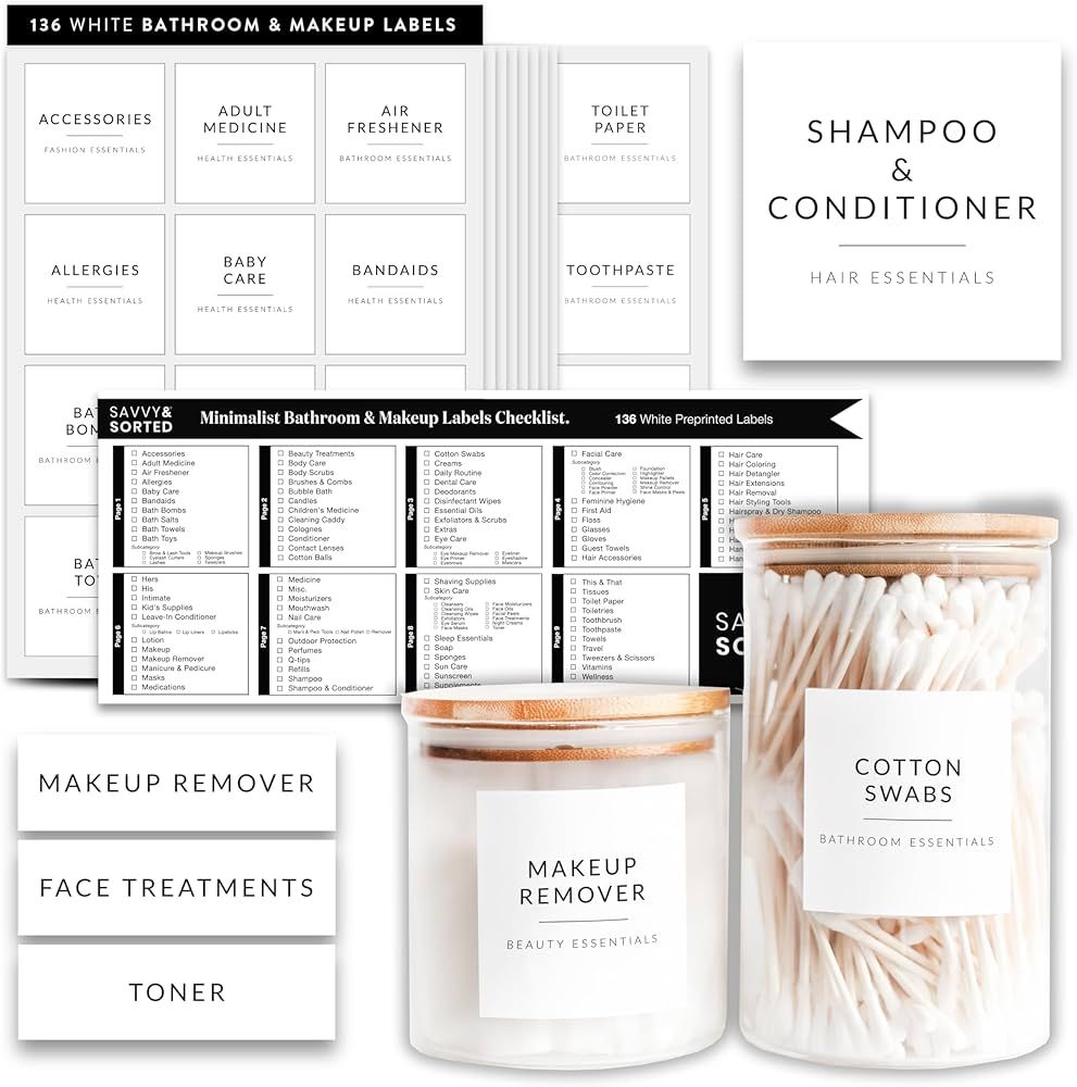 SAVVY & SORTED Bathroom Labels for Organizing, 136 White Bathroom Labels for Containers, Shampoo ... | Amazon (US)