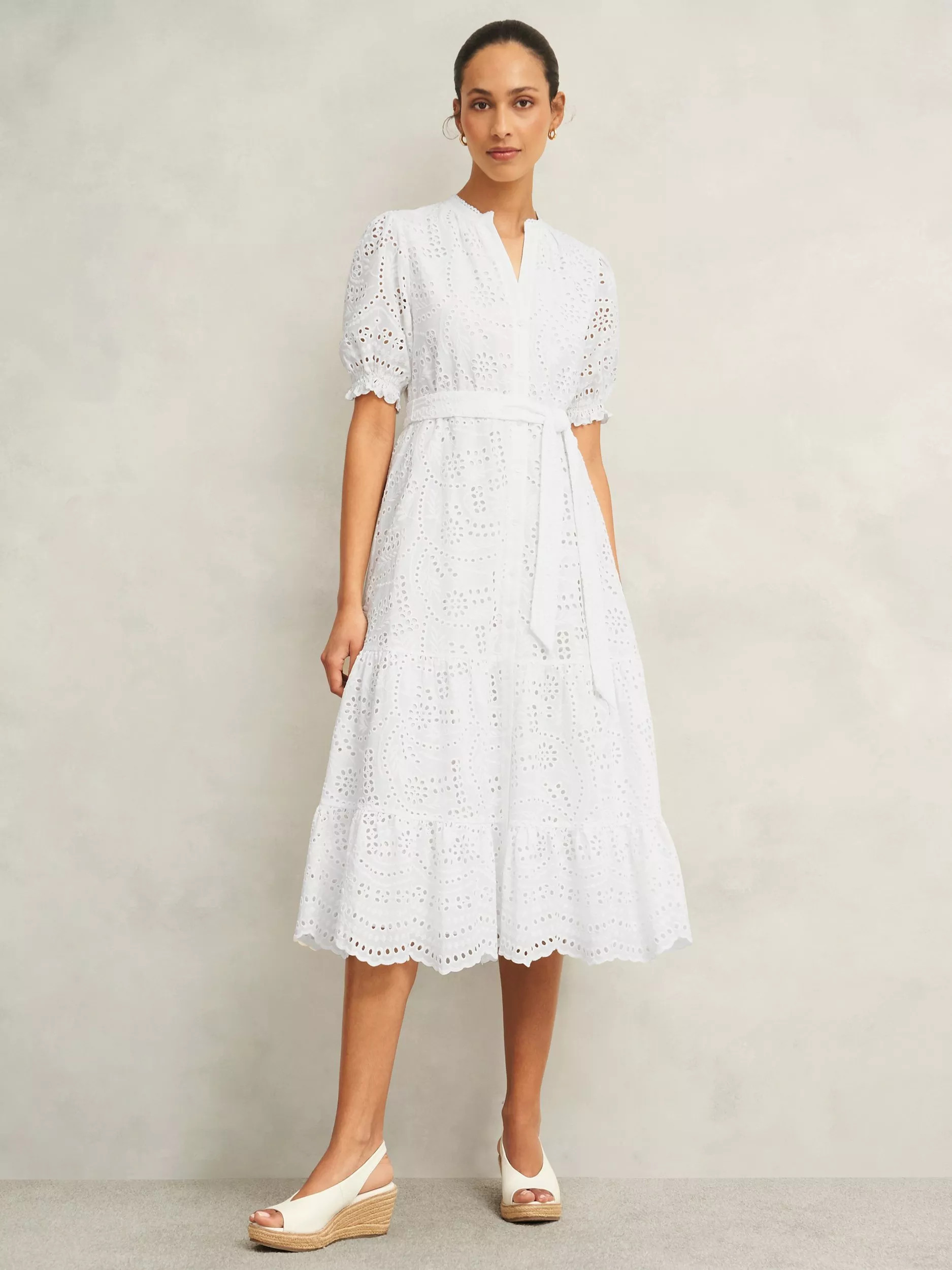 HobbsPetite Rosanna Broderie Cotton Midi Dress, White | John Lewis (UK)