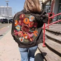 Boho Embroidered Multi Color Floral Black Denim Jean Relaxed Oversized Bohemian Casual Women's Jacket | Etsy (US)