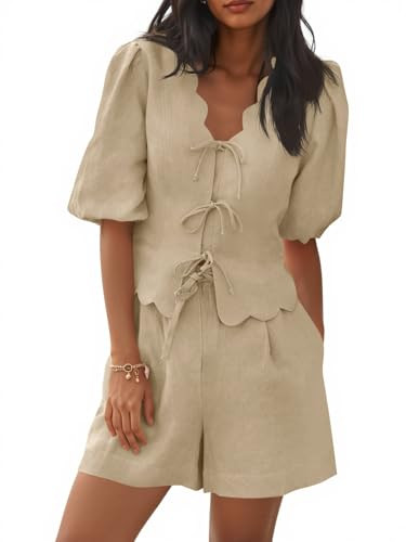 Amazon.com: Cicy Bell Womens Summer 2 Piece Short Sets Puff Short Sleeve V Neck Bow Tie Front Top... | Amazon (US)