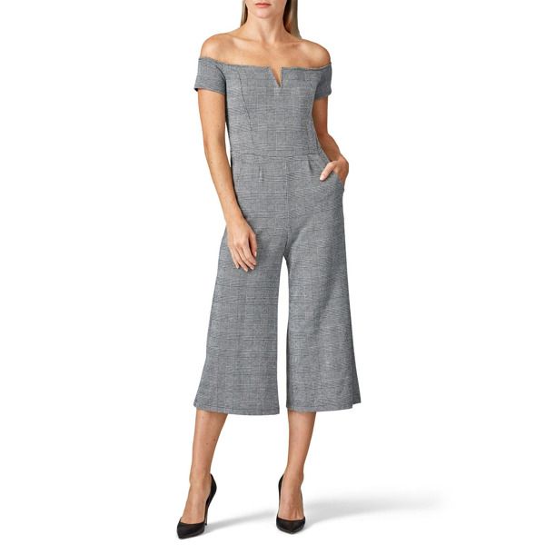 Slate & Willow Plaid Off The Shoulder Jumpsuit grey-print | Rent the Runway