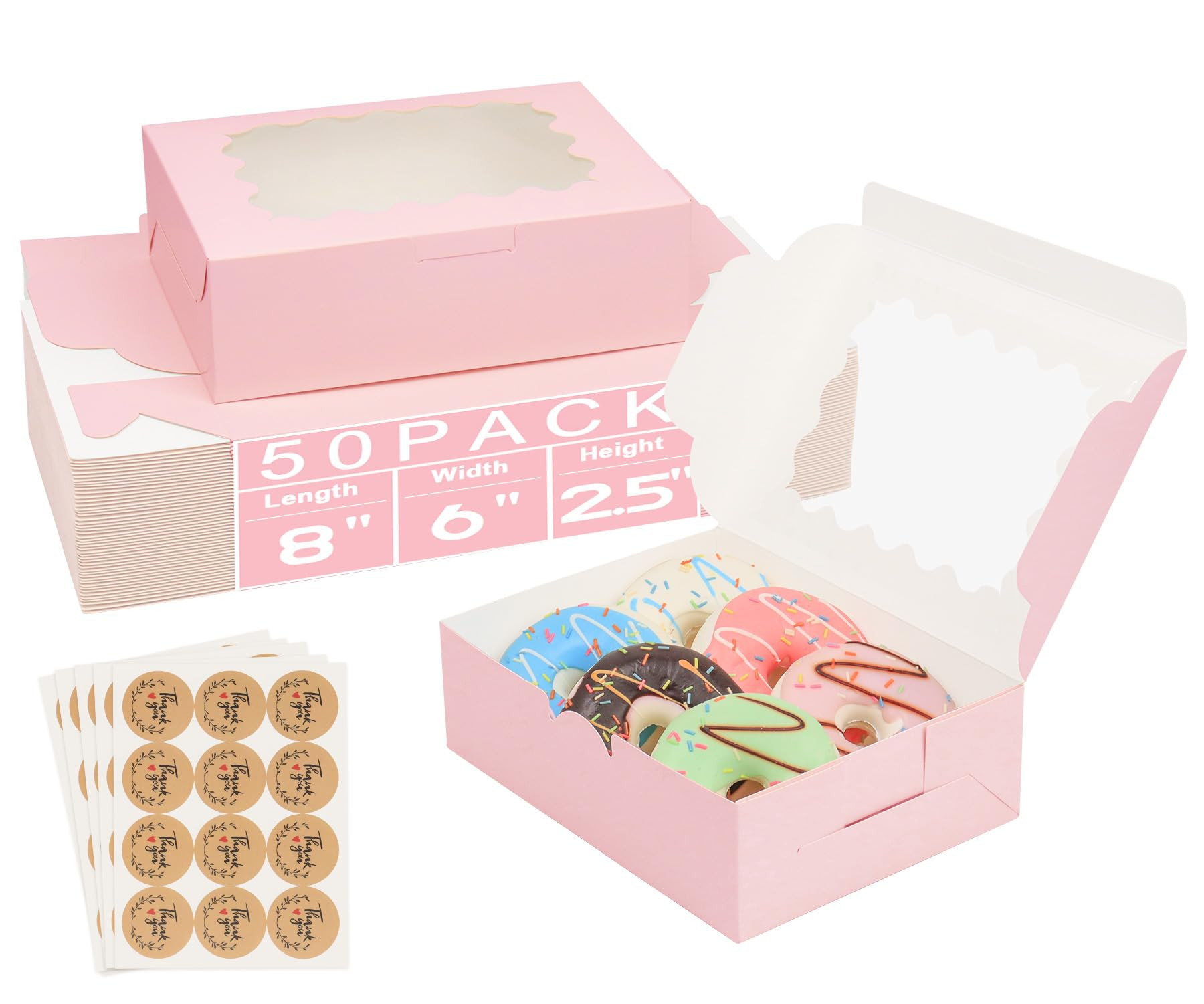 50Pcs 8x6x2.5 Pink Cookie Boxes, Bakery Boxes for Baked Goods, Cookies, Pastry, Strawberries, Mac... | Amazon (US)