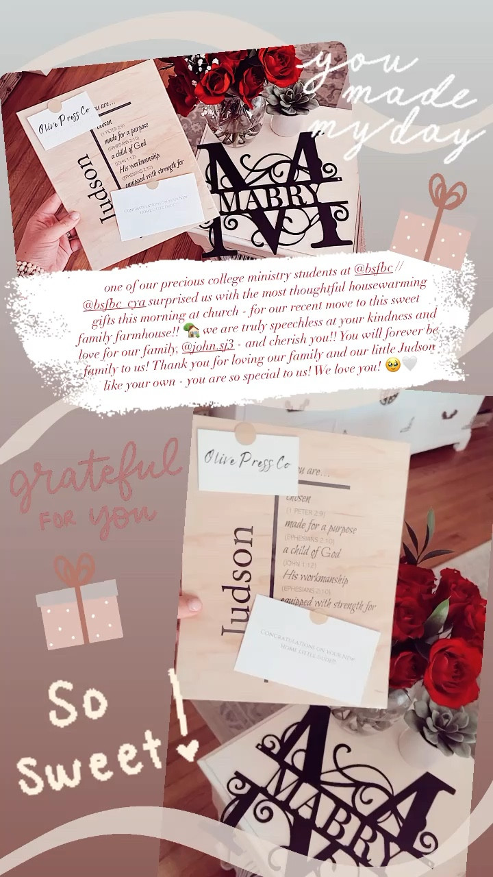 one of our precious college ministry students at @bsfbc // @bsfbc_cya surprised us with the most thoughtful housewarming gifts this morning at church - for our recent move to this sweet family farmhouse!! 🏡 we are truly speechless at your kindness and love for our family, @john.sj3 - and cherish you!! You will forever be family to us! Thank you for loving our family and our little Judson like your own - you are so special to us! We love you! 🥹🤍

#LTKbaby #LTKfamily
