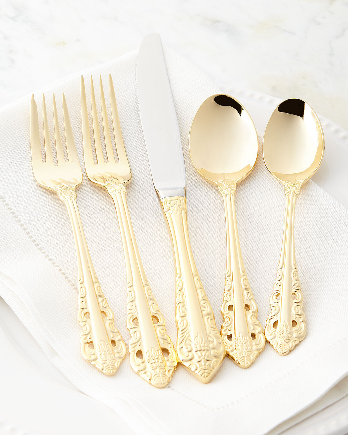 80-Piece Gold-Plated Antique Baroque Flatware | Horchow