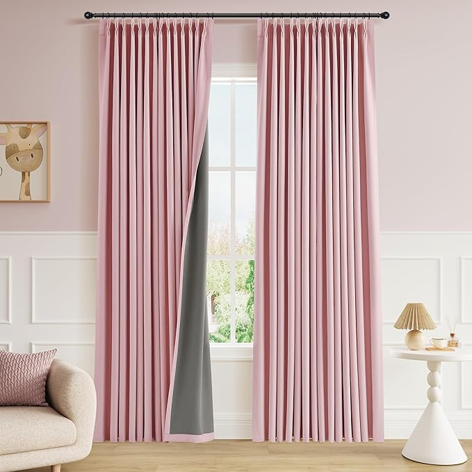 Baby Pink Pinch Pleated 100% Blackout Linen Curtains 84 Inch Length for Girls Bedroom Memory Trai... | Amazon (US)
