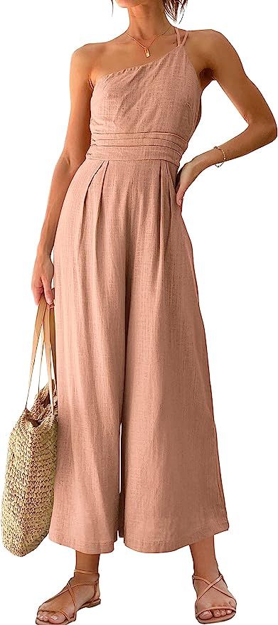 ANRABESS Women's Summer Straps One Shoulder Pleated High Waist Casual Wide Leg Jumpsuit Romper wi... | Amazon (US)