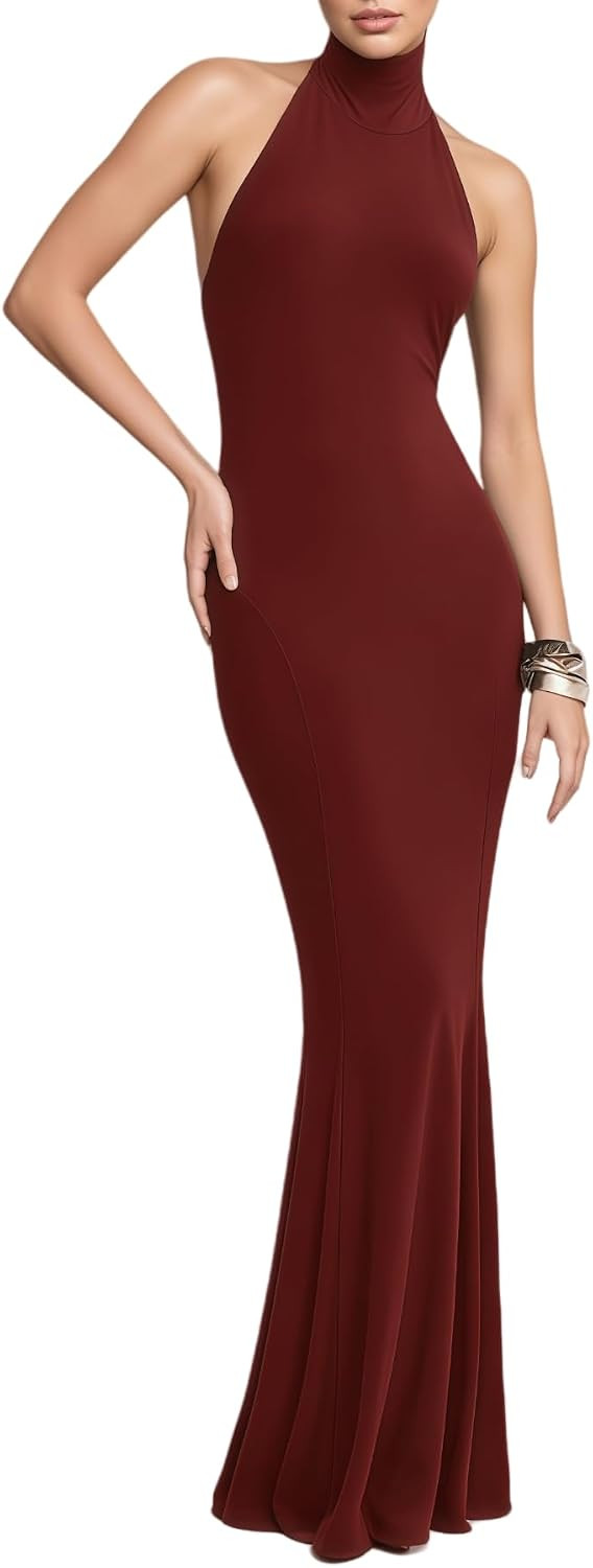 Women's Sleeveless Summer Sexy Backless Maxi Dresses Bodycon Dresses Elegant Halter Turtle Fishtail Gown | Amazon (US)