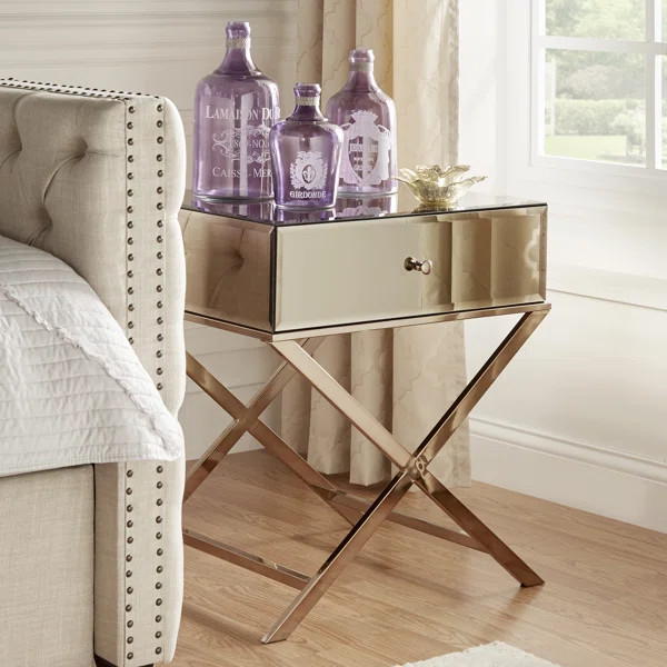 Nyasha Mirrored Glass Top End Table with Storage | Wayfair North America