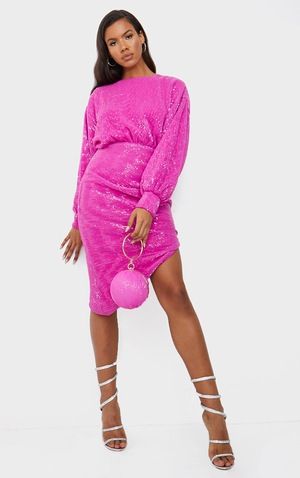 Hot Pink Sequin Open Back Balloon Sleeve Midi Dress | PrettyLittleThing US