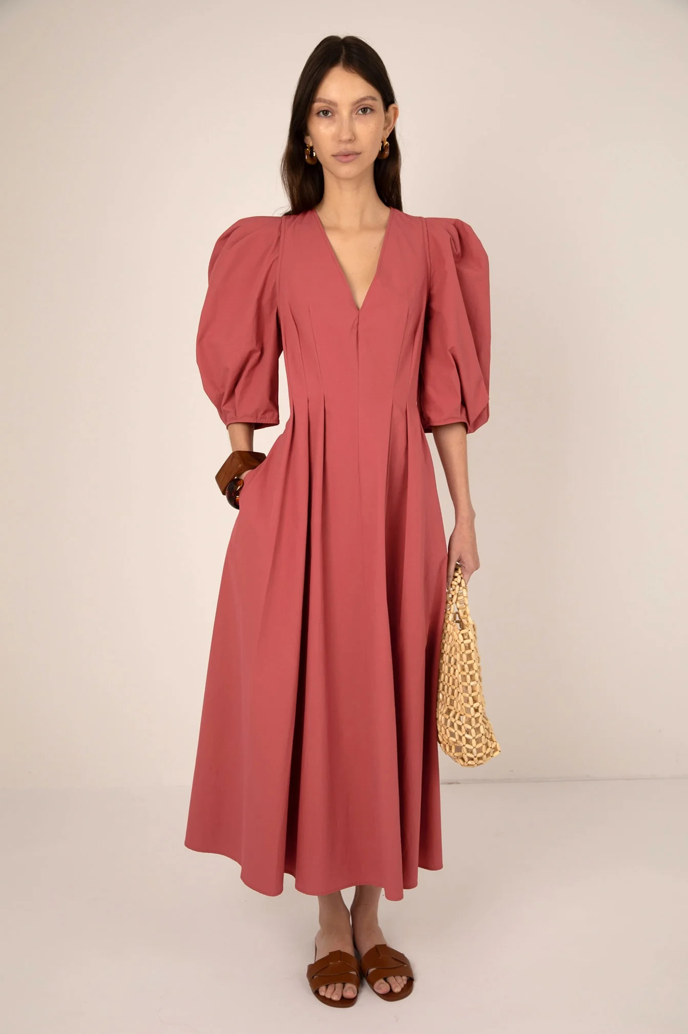 Midi Dress with Puff Sleeves and Back Bows in Pink | Vivere London