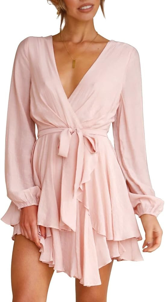 Flybony Womens Long Sleeve V Neck Dress Tie Waist Ruffle Mini Swing Skater Dresses | Amazon (US)