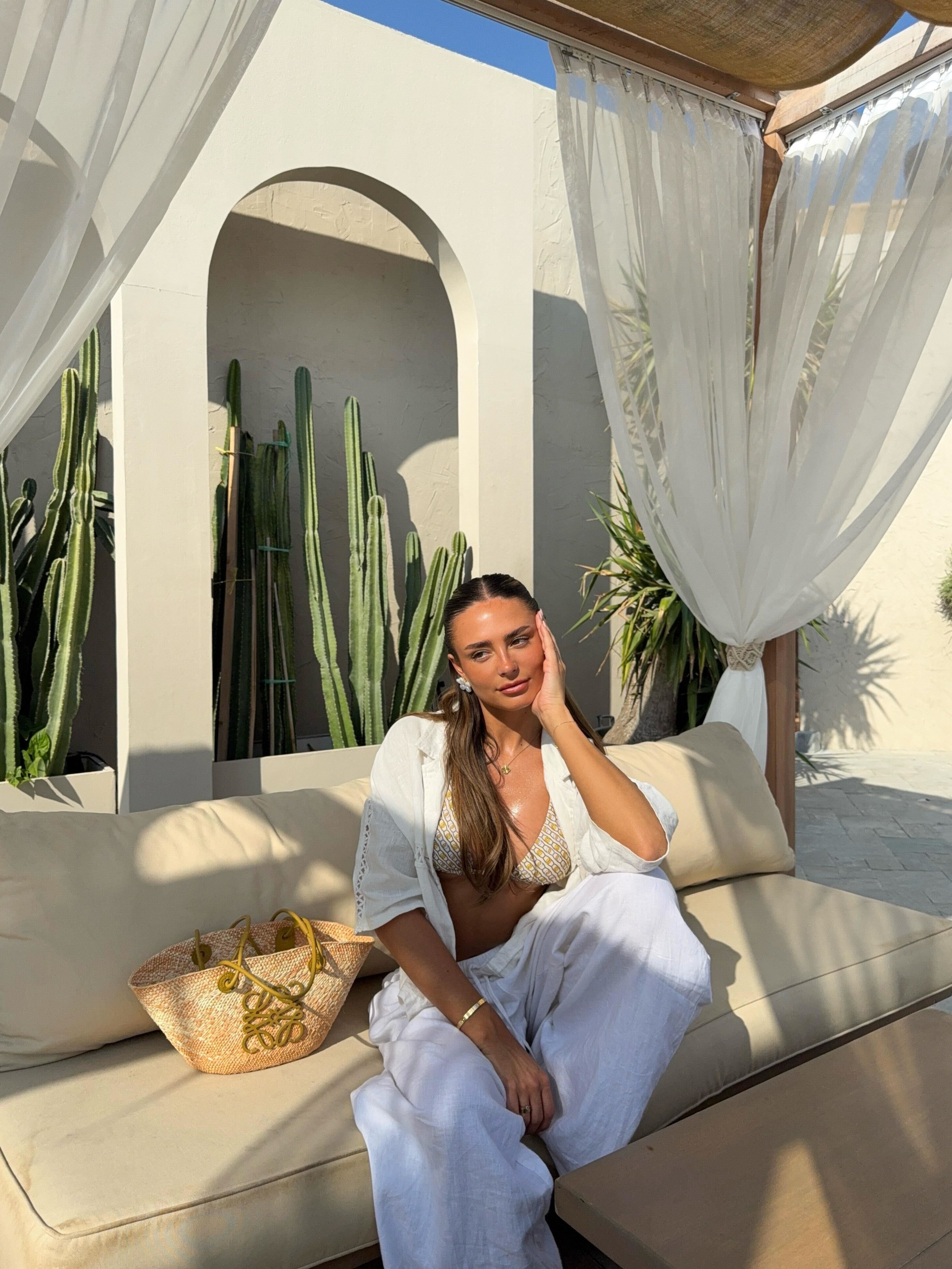 Holiday Outfit, Monday Swimwear, Bikini Set, Loewe Basket Bag, Linen Trousers, Cropped Shirt, Peppermayo 

 #LTKuk #LTKeurope #LTKtravel