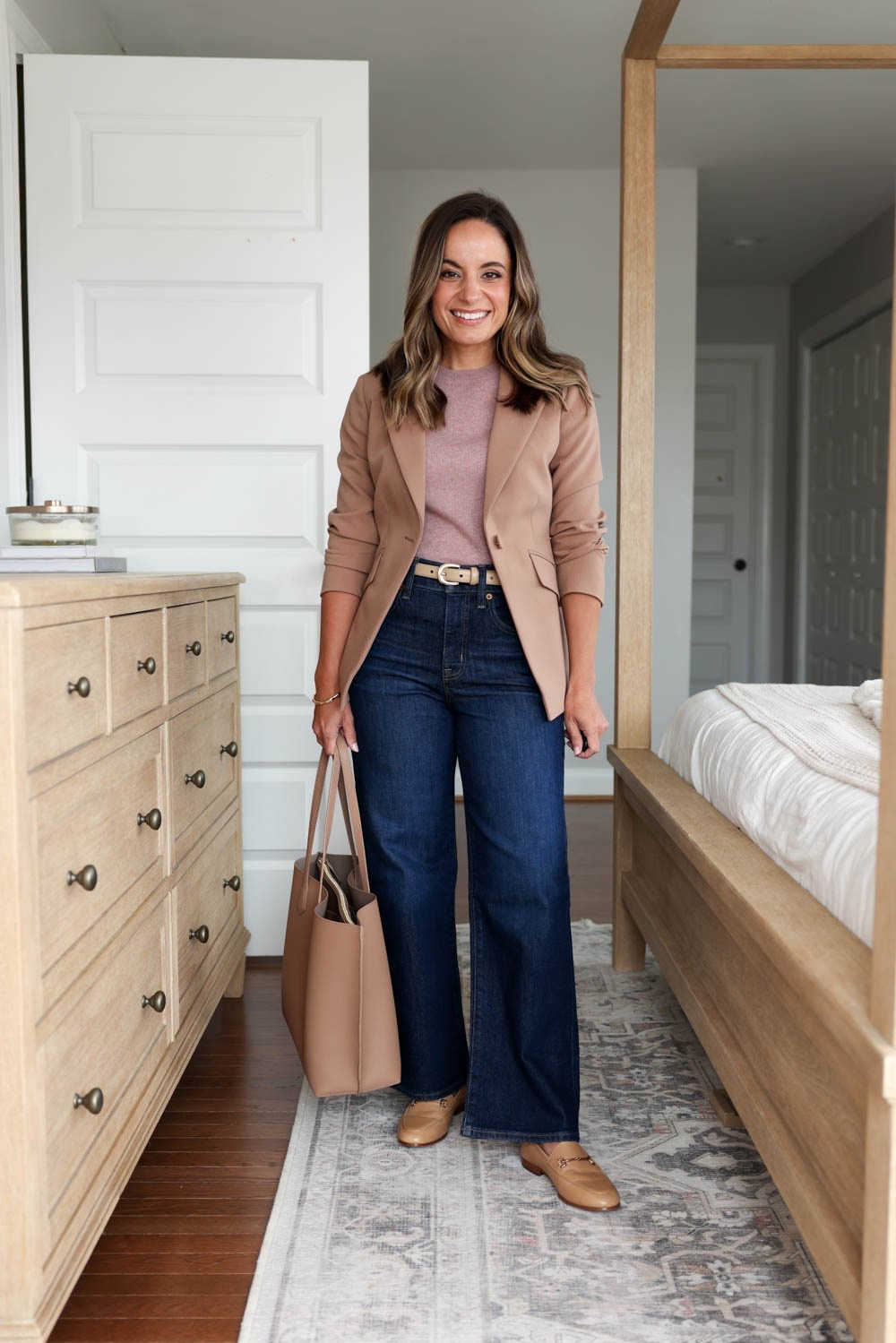 Four casual outfit ideas for work (petite-friendly)! 

Outfit 1 
Jeans (J.Crew Factory): 24 standard /10.5” rise / 27” inseam (also come in petite) 
Top (Quince): xs 
Blazer (WHBM): petite 00 
Loafers (Sam Edelman): true to size