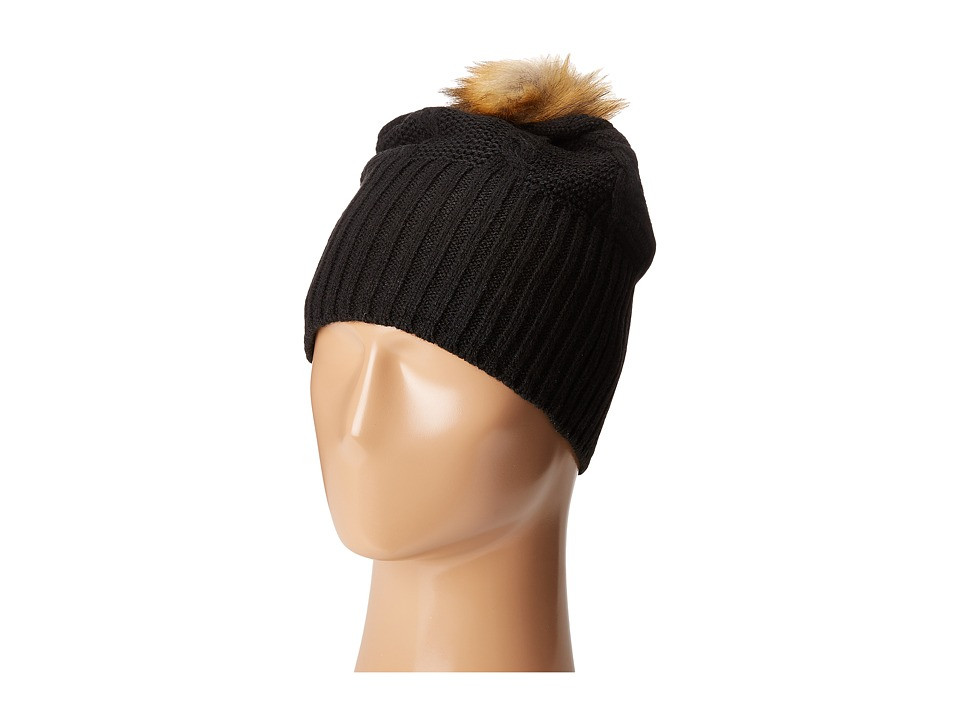 Plush - Fleece-Lined Faux Fur Pom Pom Hat (Black) Cold Weather Hats | Zappos