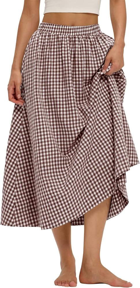 LOMON Midi Skirts for Women with Pockets A-Line Cotton Flowy Elastic Waist | Amazon (US)