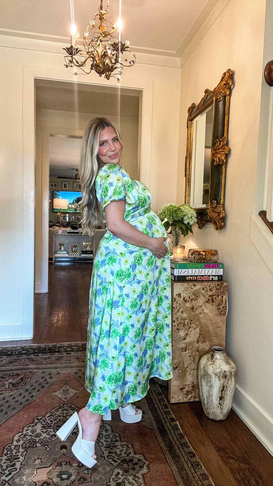 Pretty blue and green floral dress perfect for spring events! From Pink Blush Maternity. Silky satin material and bra friendly! I am wearing a medium here and am 33 weeks pregnant, but could easily be non-maternity! Paired with my favorite heels of the moment from Larroude, the platform is actually so comfy for heels and the slide on mule is a must have these days—tying straps is hard while prego!! Lol

#LTKshoecrush #LTKbump #LTKSeasonal