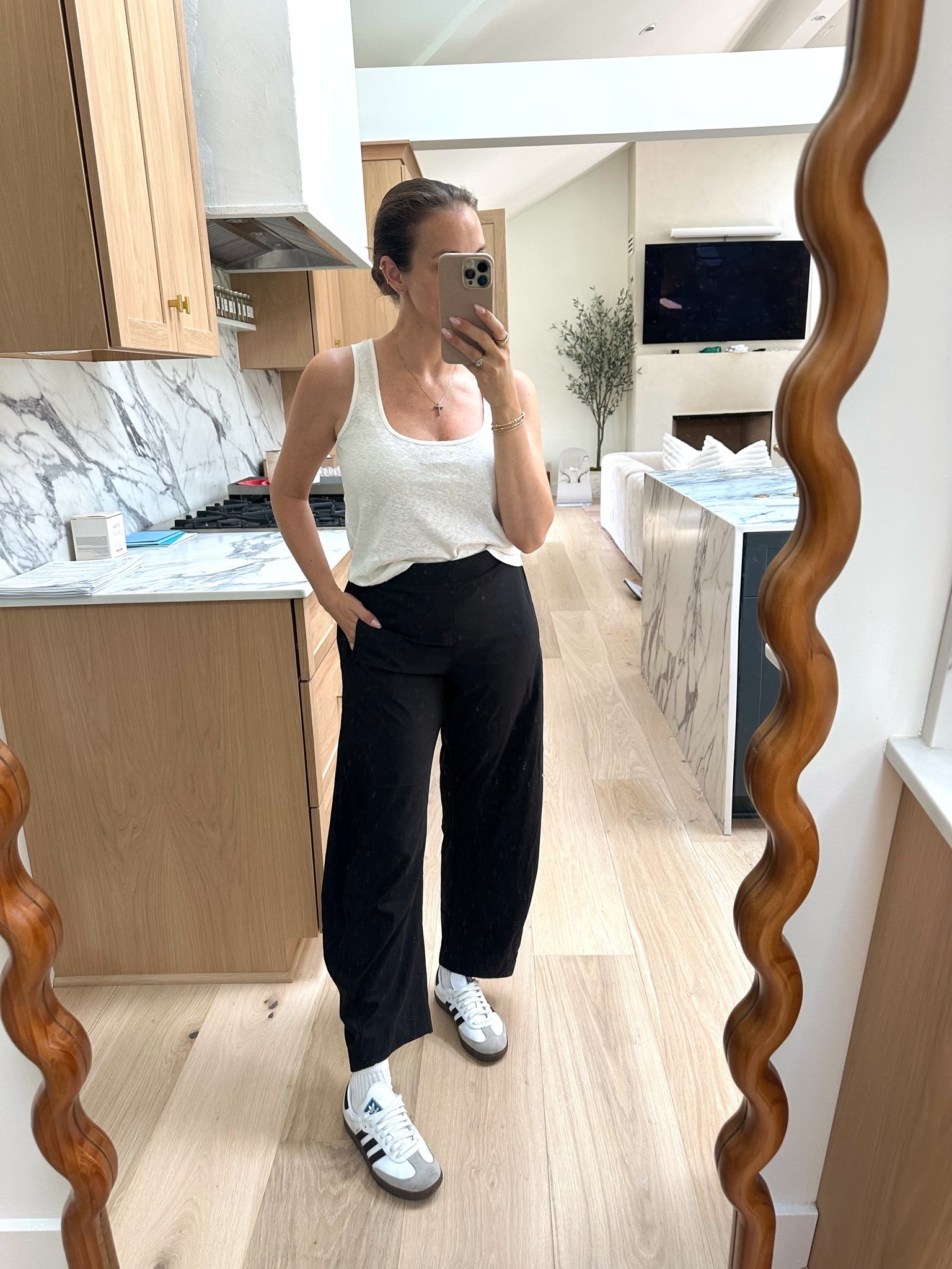 Wearing the viral dupes for the Ruti barrel pants. On sale now for prime day. Wearing size small. Paired with Sezane tank top and kids adidas sambas.

#LTKootd #LTKOver40 #LTKSaleAlert