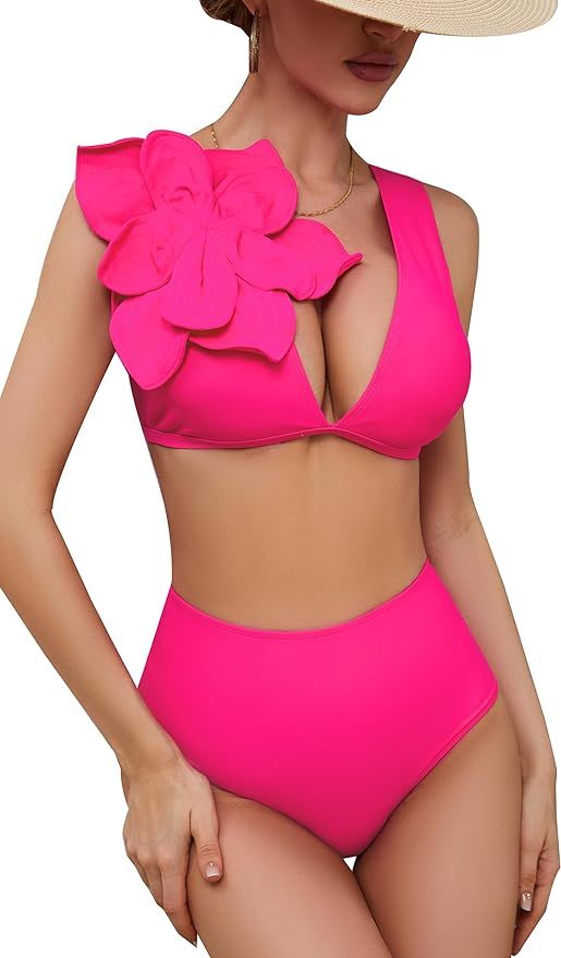 SPORLIKE Women High Waisted Swimsuit Draping Flower Bikini Padded Bathing Suit | Amazon (US)