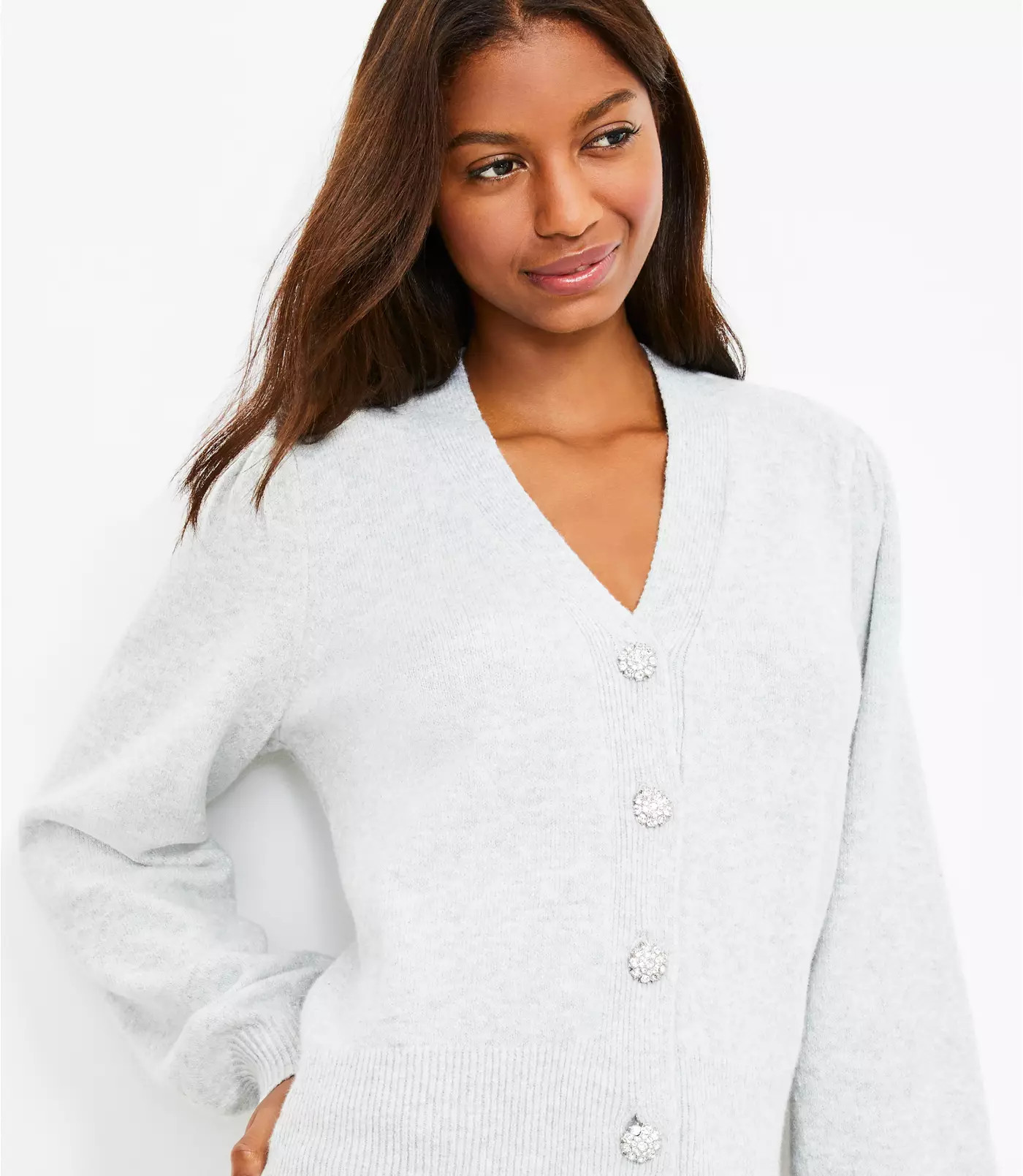 Jeweled Button V-Neck Cardigan | LOFT