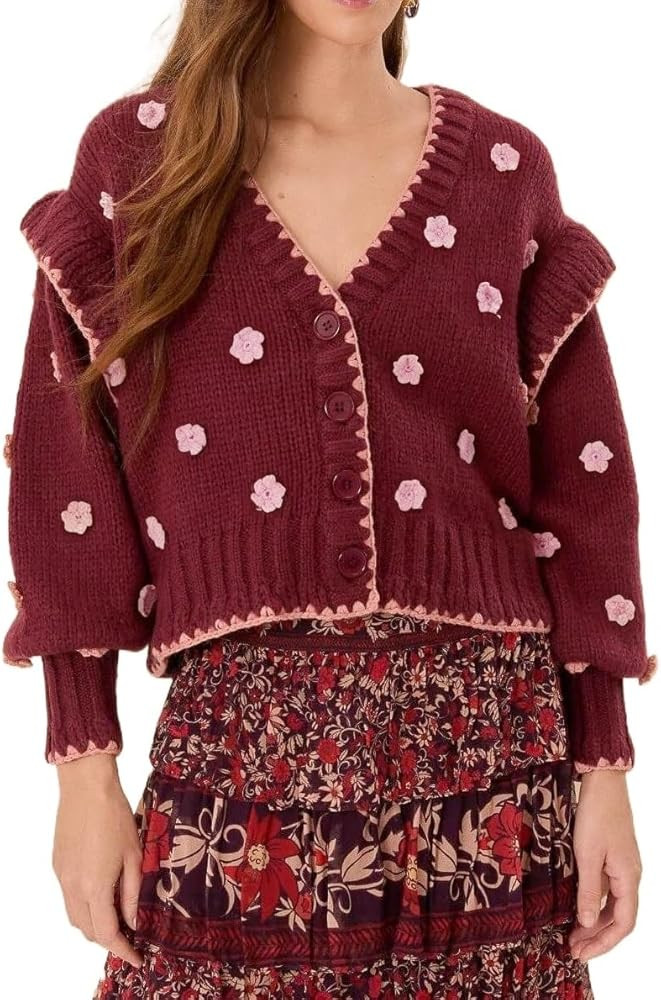 Womens Floral Cardigan Sweater Chunky Knit Drop Shoulder V Neck Button Down Embroidered Flower Ca... | Amazon (US)
