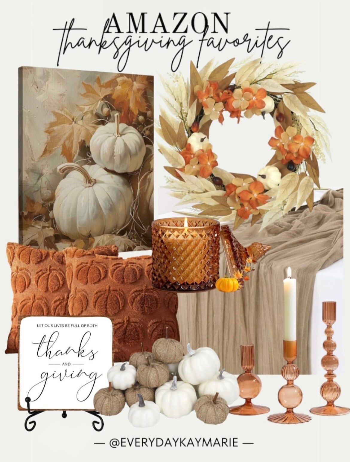 Thanksgiving favorites from Amazon! Great options for decor and especially if you are hosting the Thanksgiving meal/dinner🦃🤎

Fall wreath, fall wall decor, fall throw pillows, pumpkins, fall decor, candleholders, candles, table runner, Thanksgiving dinner



#LTKStyleTip #LTKSeasonal #LTKHome