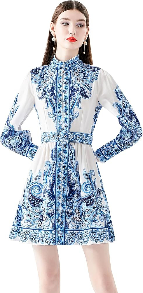 LAI MENG FIVE CATS Women's Floral Print Button up Lantern Sleeve Casual Shirt Dress A-line Mini D... | Amazon (US)