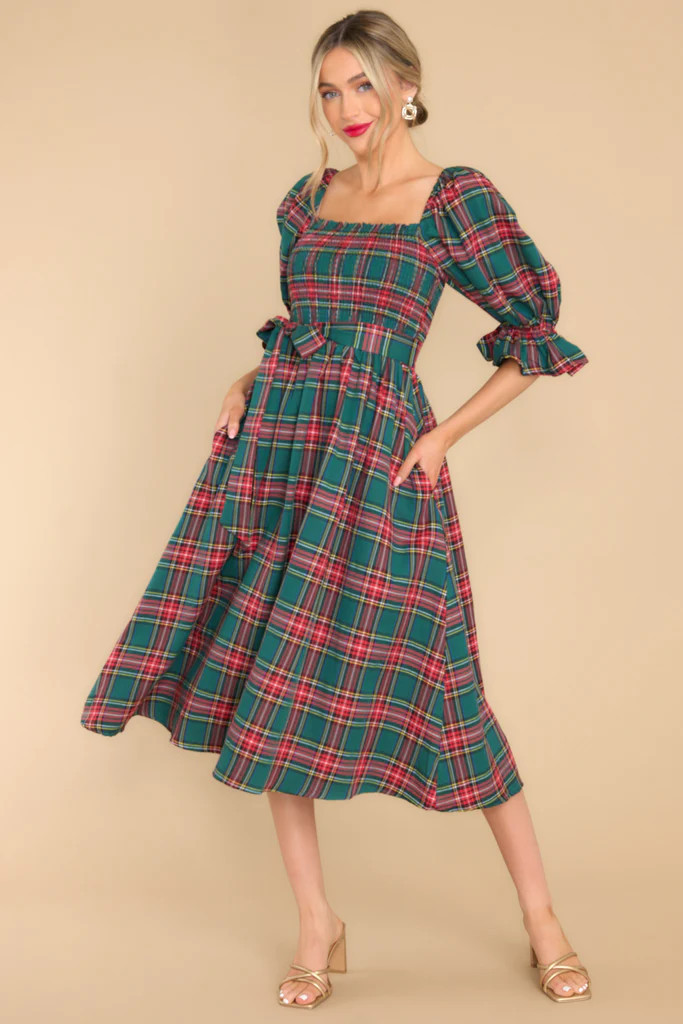 Wishful Wonderland Emerald Plaid Midi Dress | Red Dress 