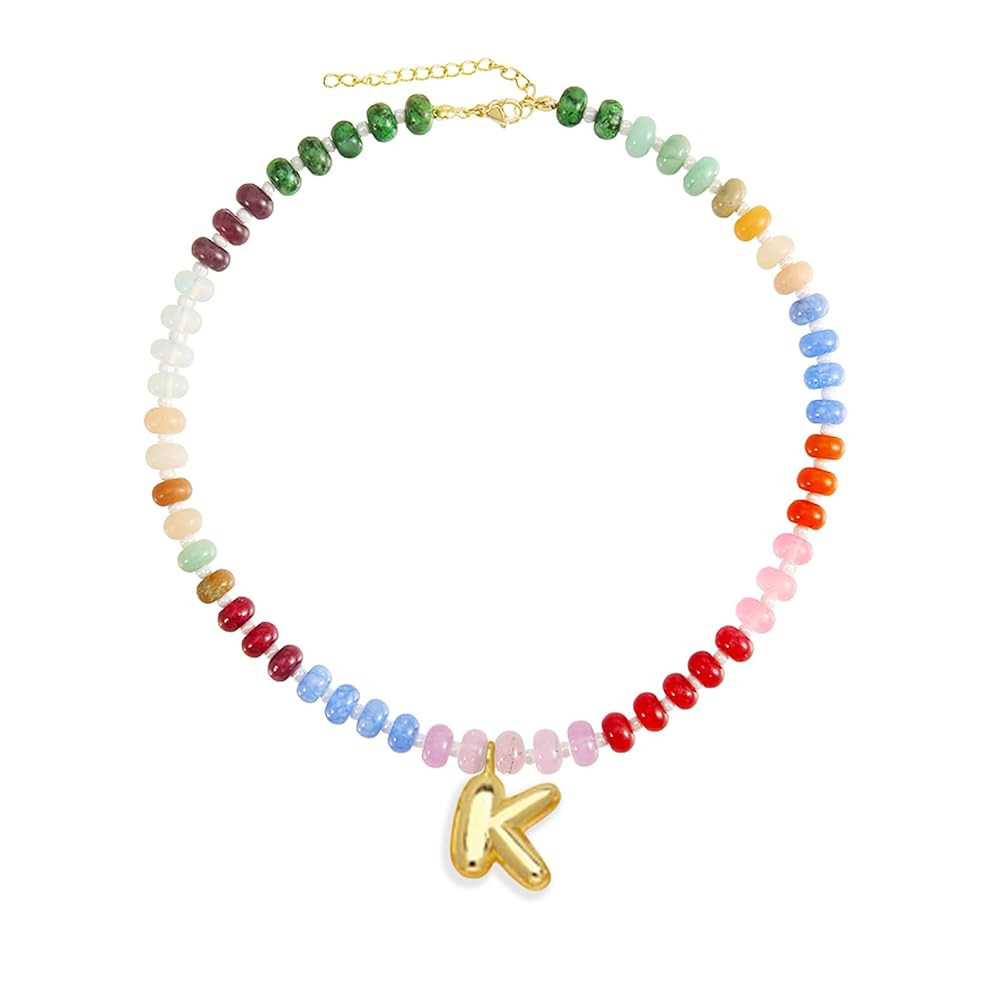 Elegant Boho Colorful Beaded Necklace with Gold Bubble Letter A-Z Pendant,Handmade Trendy Summer ... | Amazon (US)