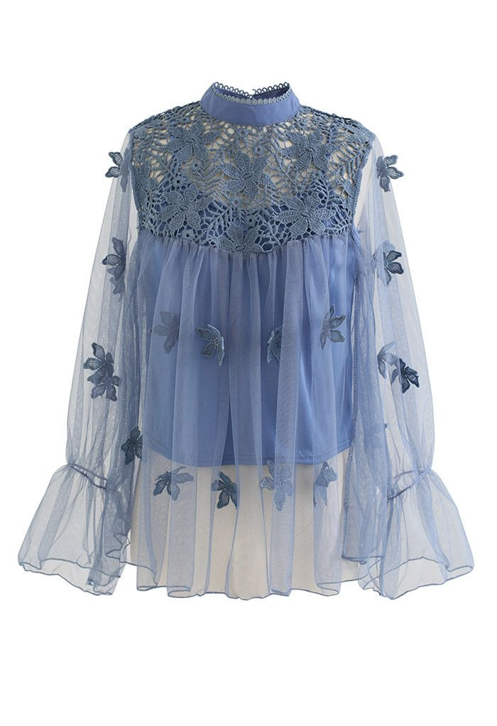 3D Crochet Flowers Mesh Dolly Top in Blue | Chicwish