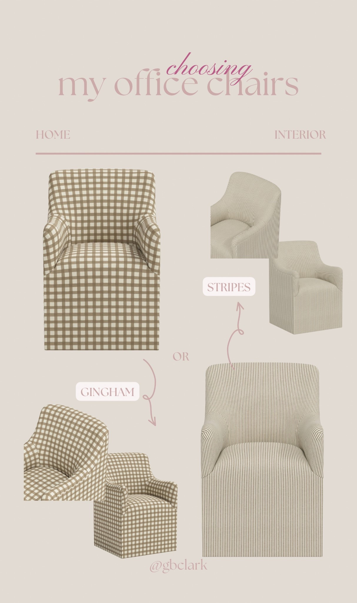 Help me decide on my office chairs!! Gingham or striped ?? Note the striped has wheels and matches my hallway bench. 

#interior #homeoffice #chairs