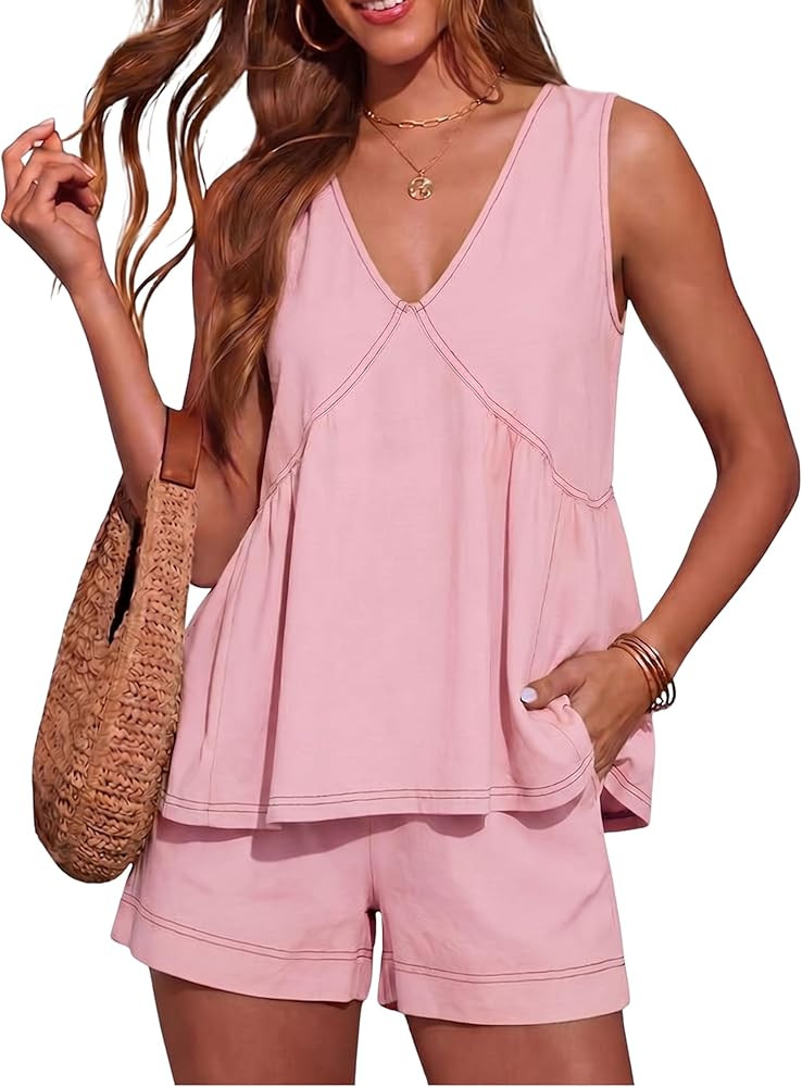 Hooever Women's 2 Piece Outfits Sleeveless V Neck Ruffle Sets Summer Contrast Stitching Tunic Top... | Amazon (US)