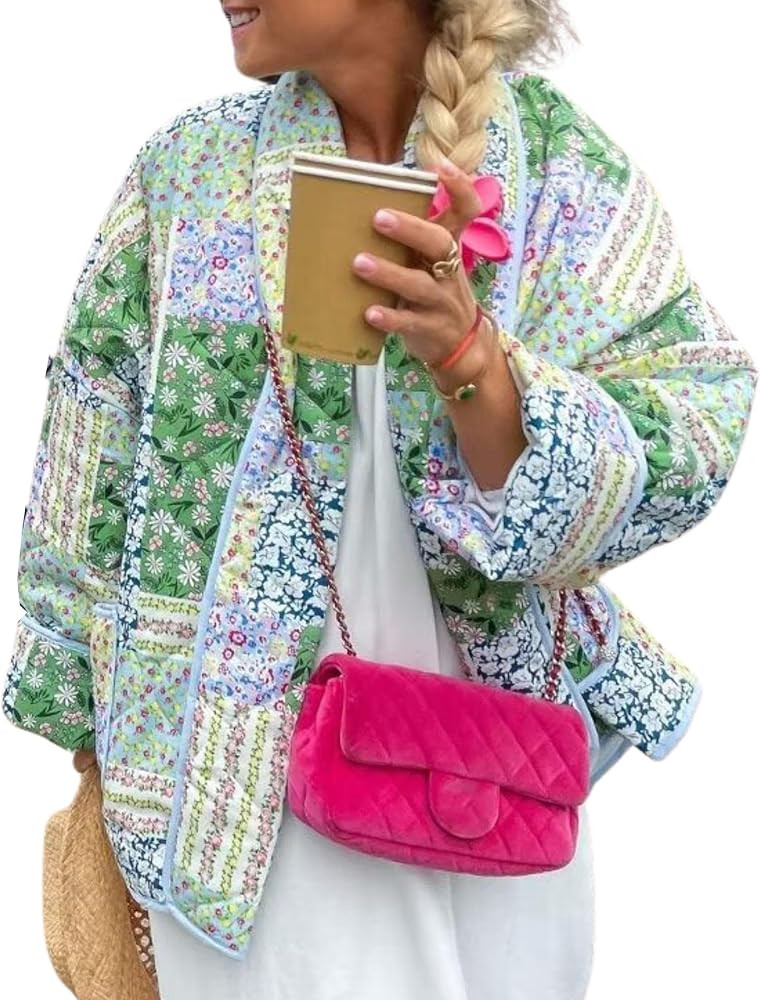 Womens Cropped Quilted Lightweight Jackets Floral Printed Open Front Puffer Coat Cardigan | Amazon (US)