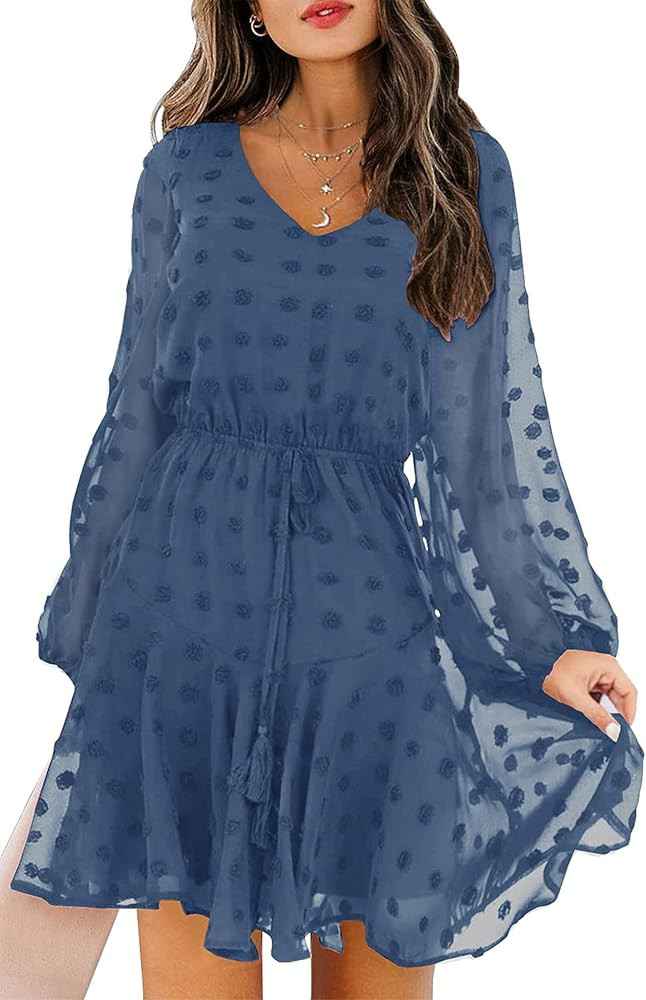 KIRUNDO Women’s Dress Long Sleeves V Neck Flowy Mini Dress Swiss Dot High Waist Chiffon Casual ... | Amazon (US)