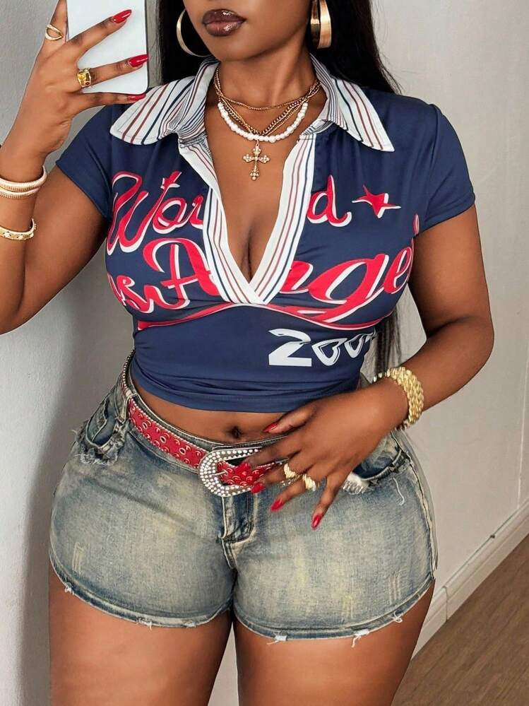 Maweii Plus Size Women's Vintage Style Sports T-Shirt, High Elastic Fitted Letter Print Square Neck Top | SHEIN