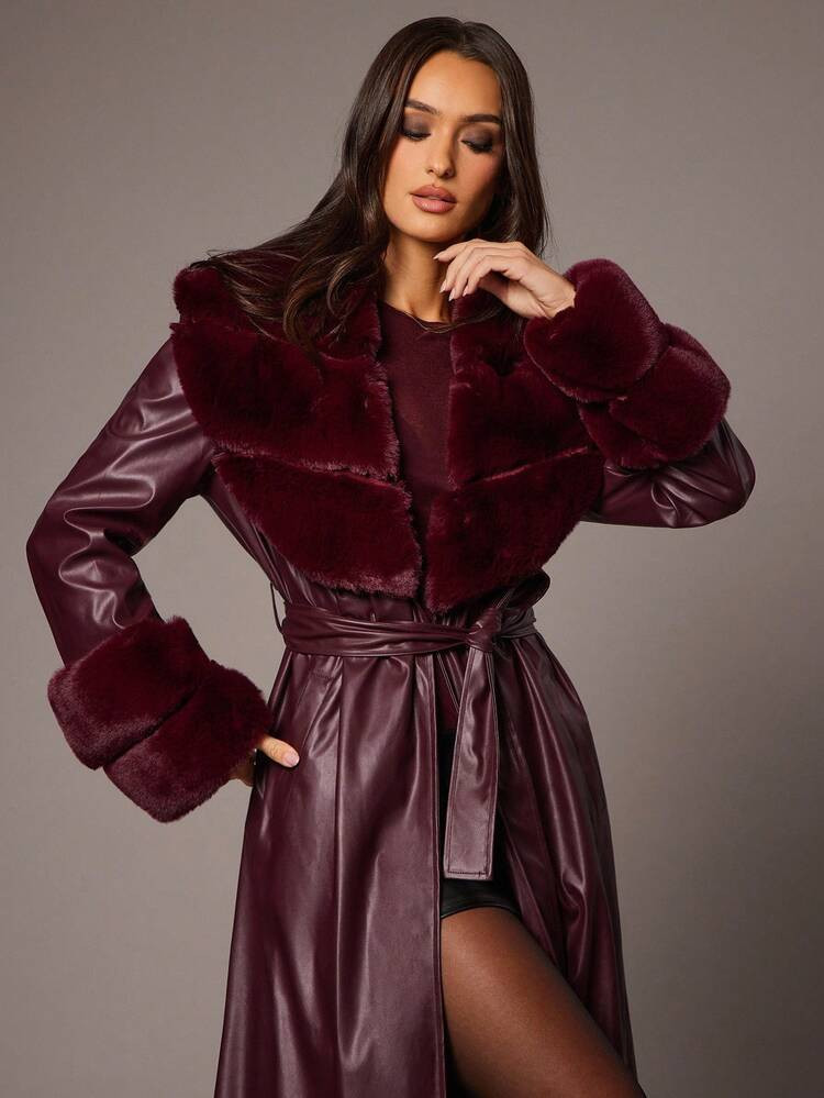 Silquee Women's Casual PU Fabric Faux Fur Collar + Fur Sleeve Jacket, Burgundy, Autumn And Winter PU Long Coat, Casual Comfort Coat, Fashionable And Versatile Coat Women's Winter Fluffy Collar Drop Shoulder Long Sleeve PU Leather Casual Jacket Winter Burgundy Vintage Coat Fall Women Clothes Halloween Customs Women Cat Woman Costume Coat Red Leather Jacket Fur Integrated Warm Comfortable And Soft, Suitable For Various Occasions When Going Out Commuting Or Partying, Women Outerwear, Burgundy Leather Coat | SHEIN
