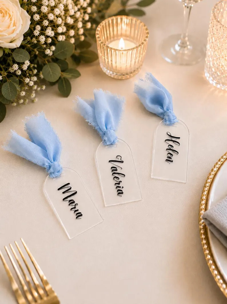 Custom Acrylic Name Tags With Ribbon | Wedding Place Cards, Table Decor (3.5 x 1.7 inch) | Etsy (Global)