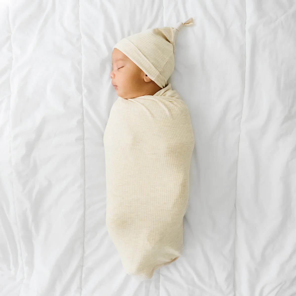 Heather Oatmeal Ribbed Swaddle & Hat Set | Little Sleepies