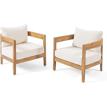 Christopher Knight Home 312395 Alfy Outdoor Club Chair with Cushions (Set of 2), Teak Finish, Bei... | Amazon (US)