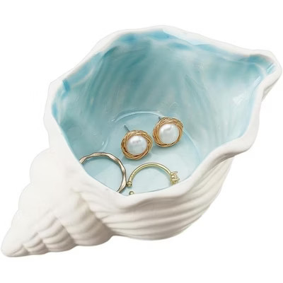 Ocean-themed Conch Shaped Ceramic Jewelry Tray, for Rings Earrings Necklaces Bracelet Jewelry Keys Blue&White-Conch 5.51"x 2.8"x 2.24" | Target