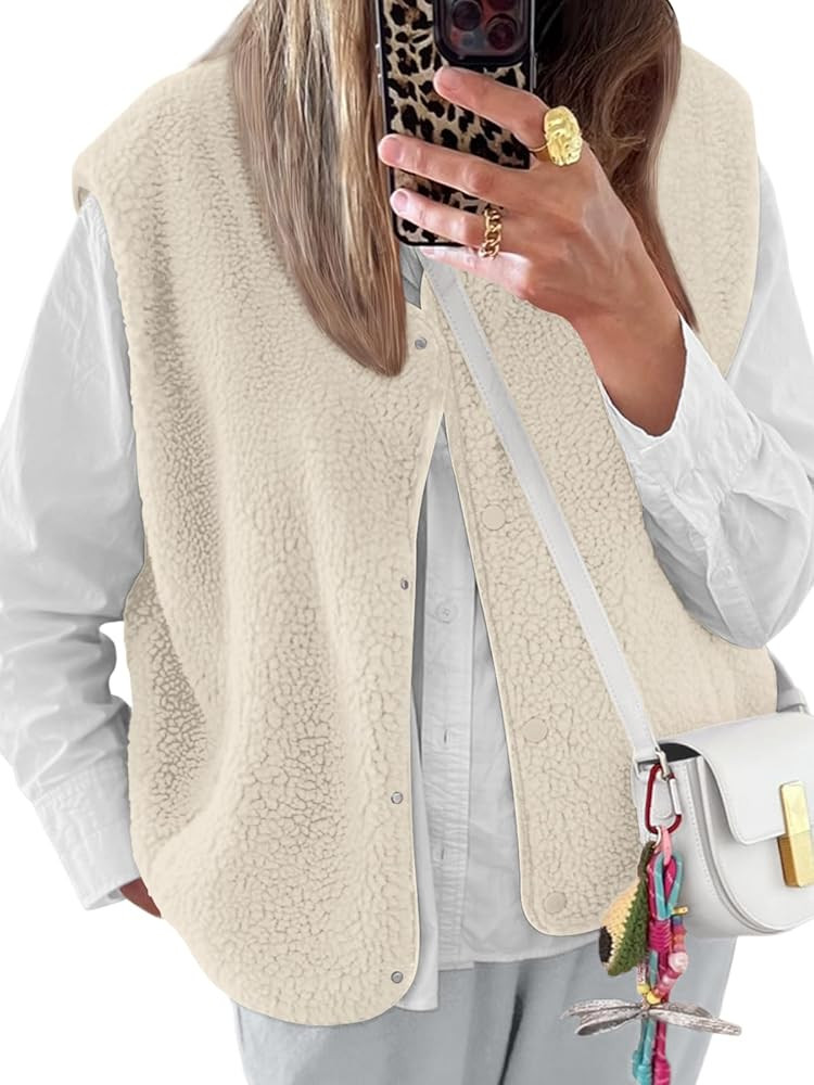 LILLUSORY Fleece Sherpa Vest Tops for Women Trendy 2025 Fall Outfits Fuzzy Winter Clothes Button ... | Amazon (US)