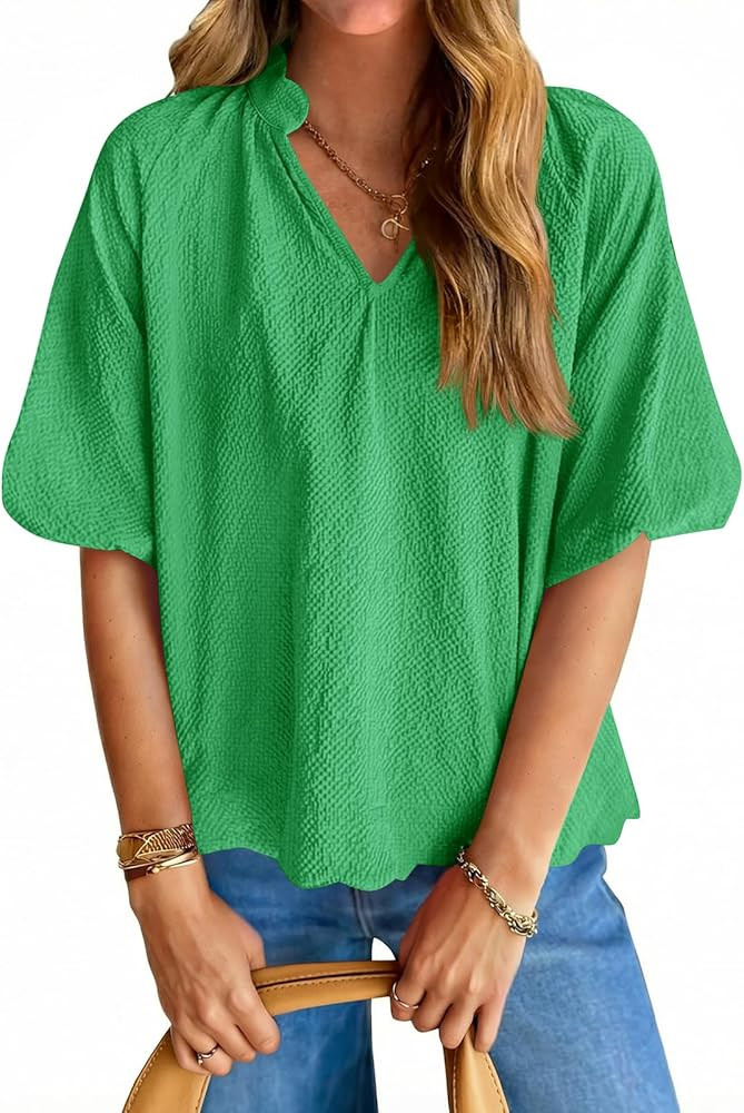 Tankaneo Womens V Neck Puff Sleeve Tops Oversized Textured Blouses Dressy Casual Summer Loose Fit... | Amazon (US)