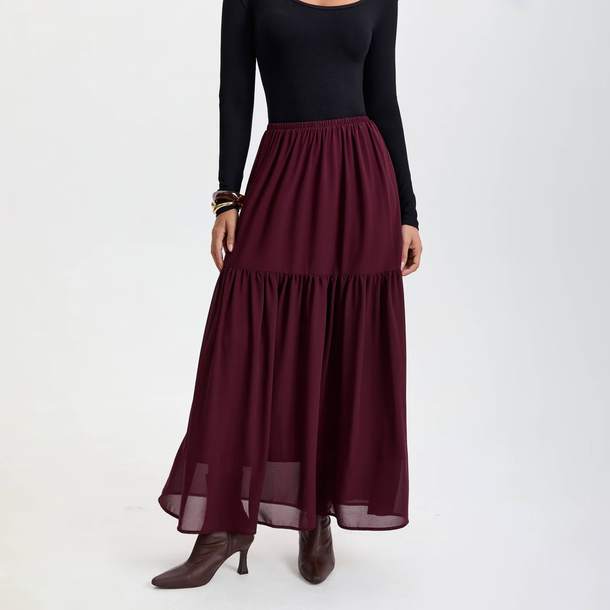 Women's Chiffon Tiered Maxi A-Line Skirt - A New Day™ Wine Red | Target