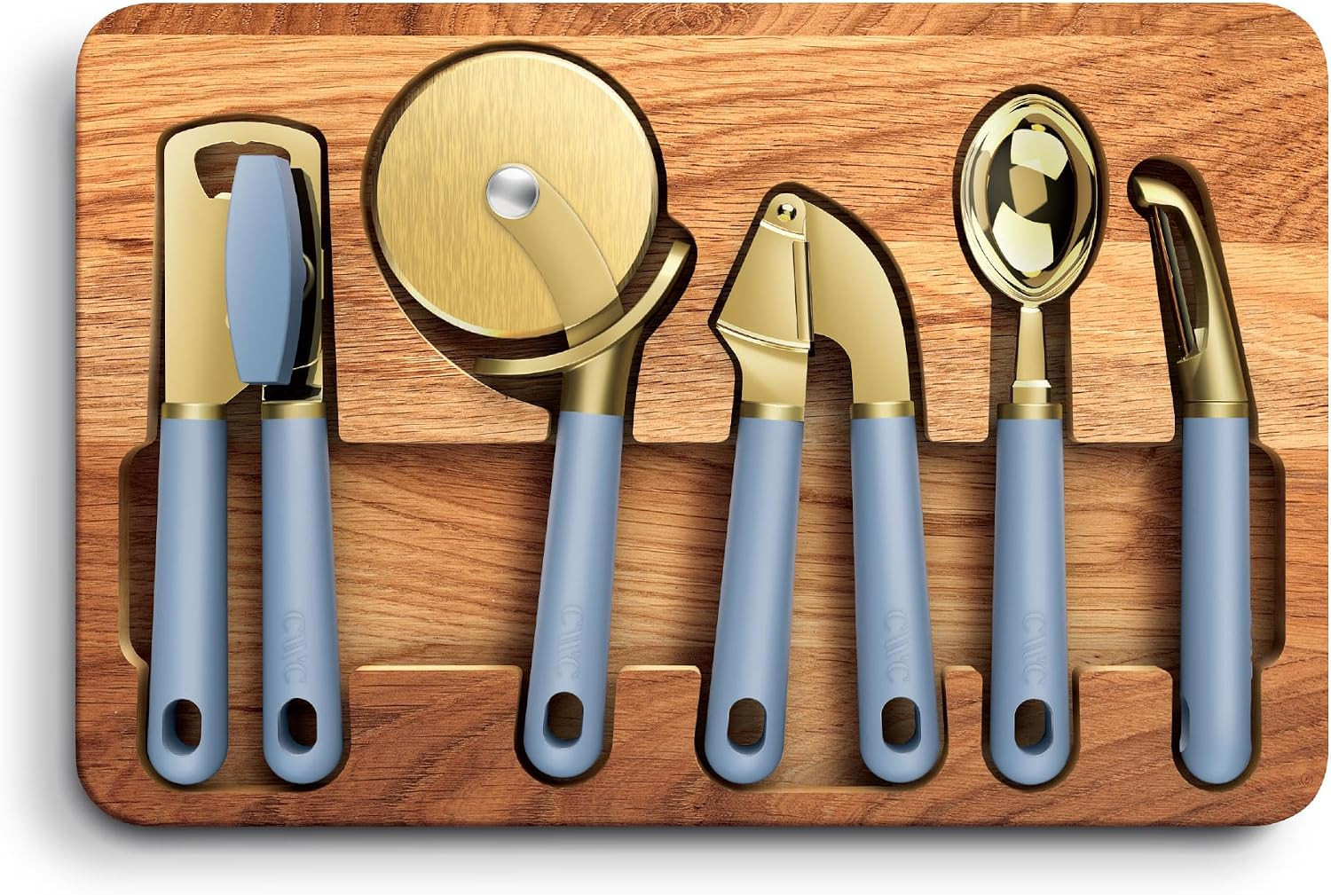 COOK WITH COLOR 6-Piece Kitchen Tool Set with Acacia Wood Cutting Board, Can Opener, Pizza Cutter & Prep Essentials, Blue | Amazon (US)