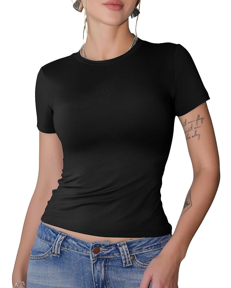 GAYHAY Womens Basic T Shirts Crew Neck Short Sleeve Slim Fitted Tees Y2K Cute Trendy Summer Crop ... | Amazon (US)