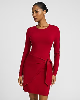 Crew Neck Long Sleeve Wrap Mini Sweater Dress | Express