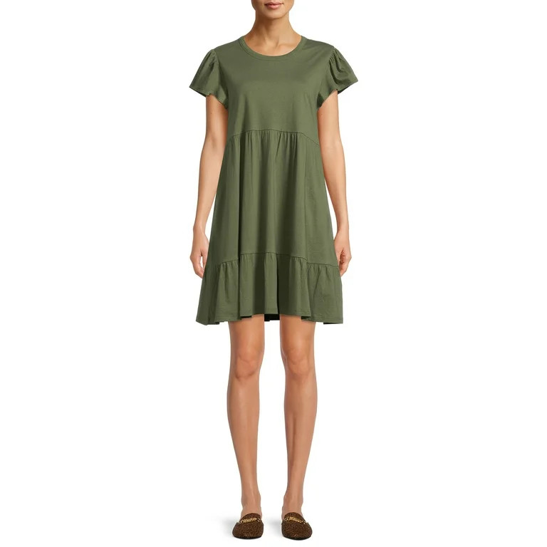 Time and Tru Short Sleeve Tiered Knit Dress for women with Pockets | Walmart (US)